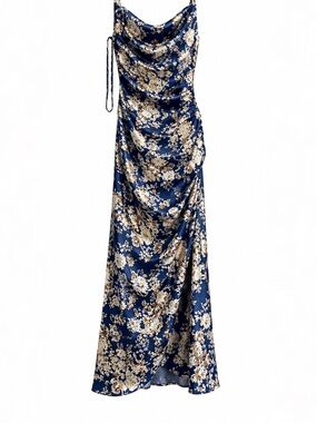 Navy Floral Satin Cowl Neck Maxi Dress